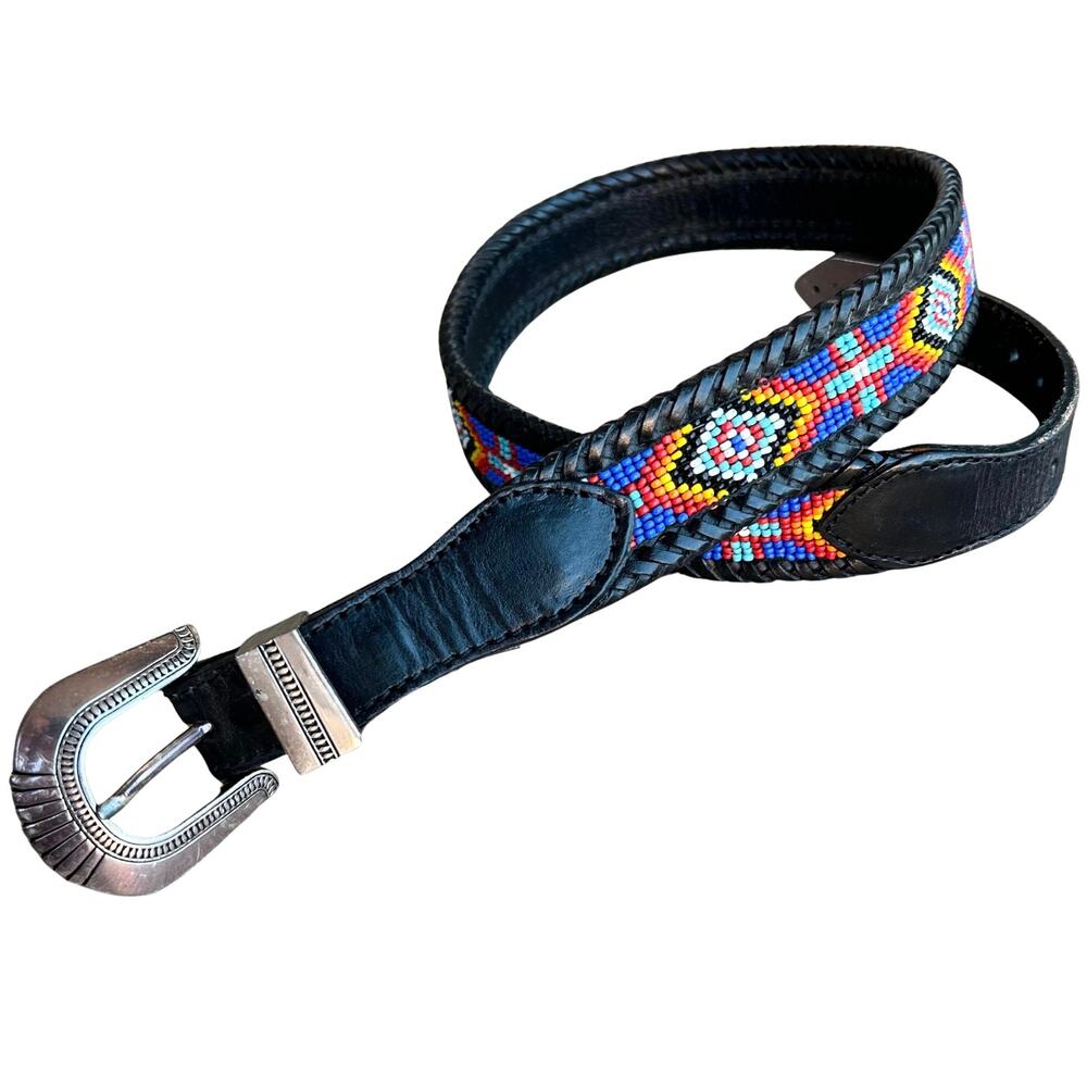 Eddie Bauer Vintage 1991 Beaded Belt | Black Leather Southwestern Silver Tone